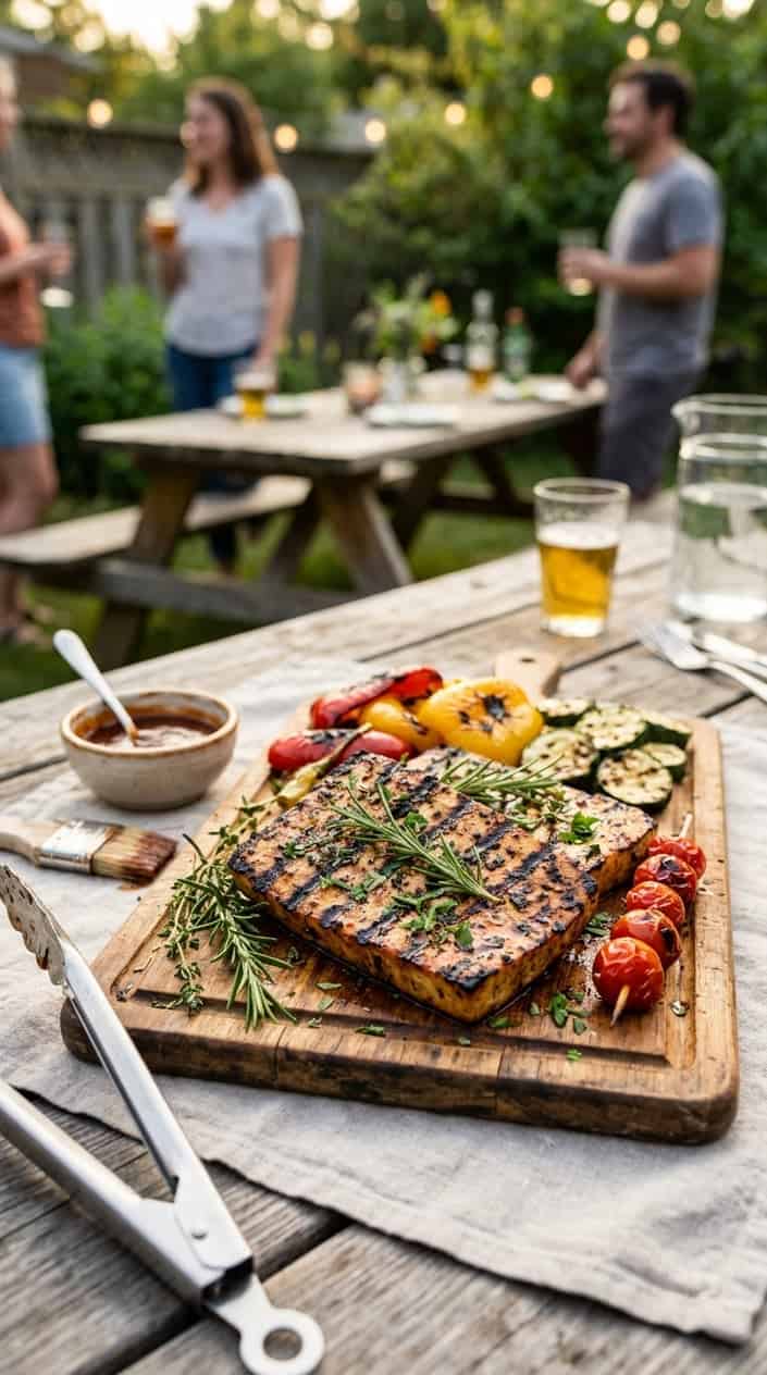 Grilled tofu steaks with herbs and colorful vegetables on a wooden platter outdoors at a backyard BBQ.