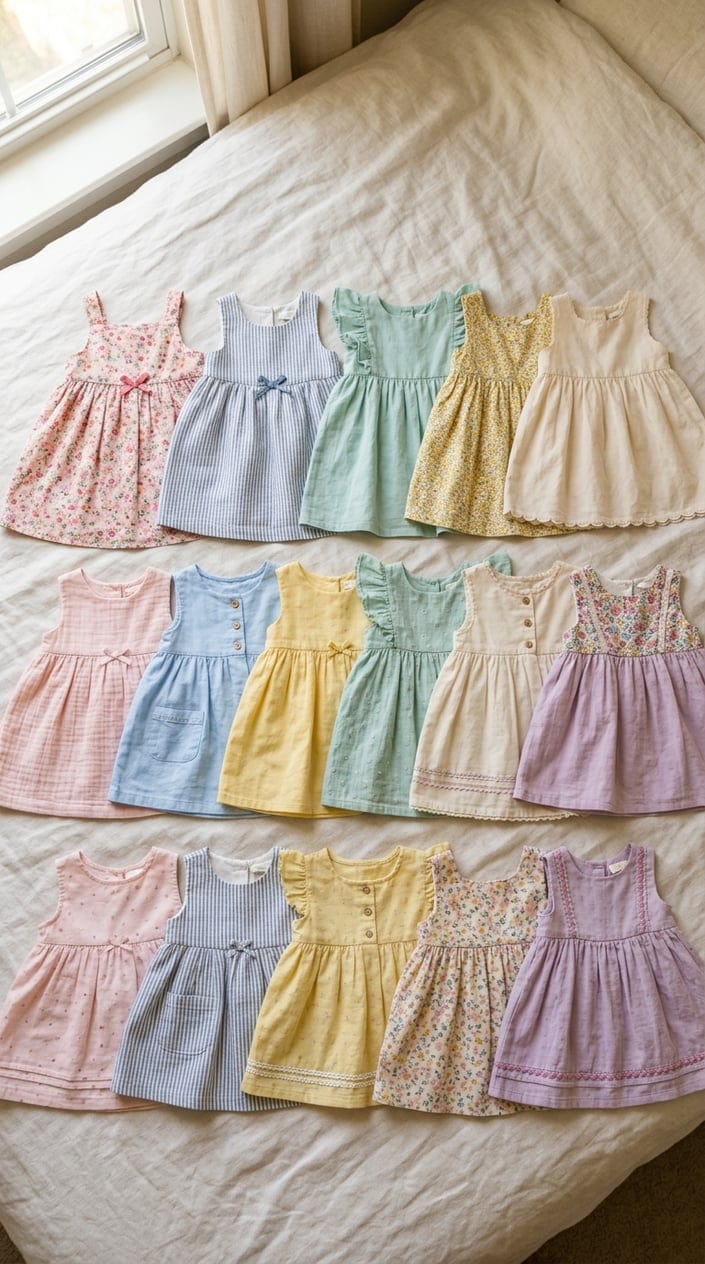 A collection of soft, pastel-colored baby dresses for summer arranged on a light fabric background.