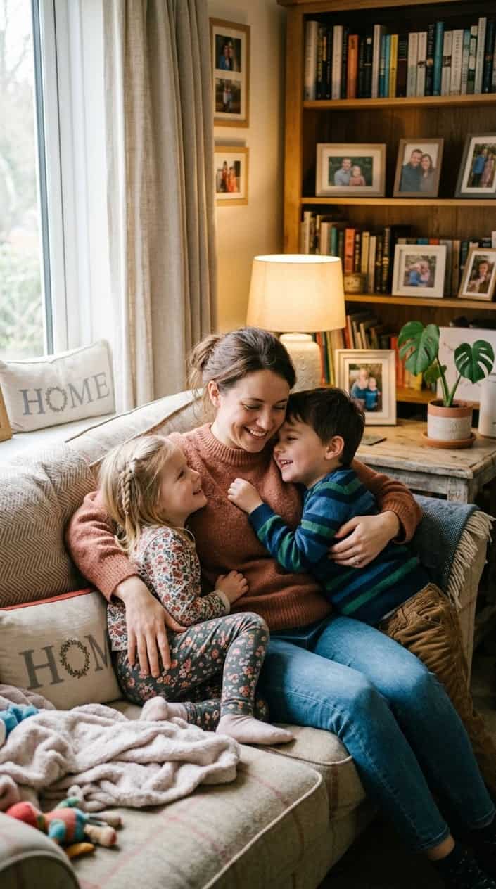 A mother seated cross-legged on a cream-colored couch with two young boys tucked against her sides, heads tilted toward her in a cozy, naturally lit room.