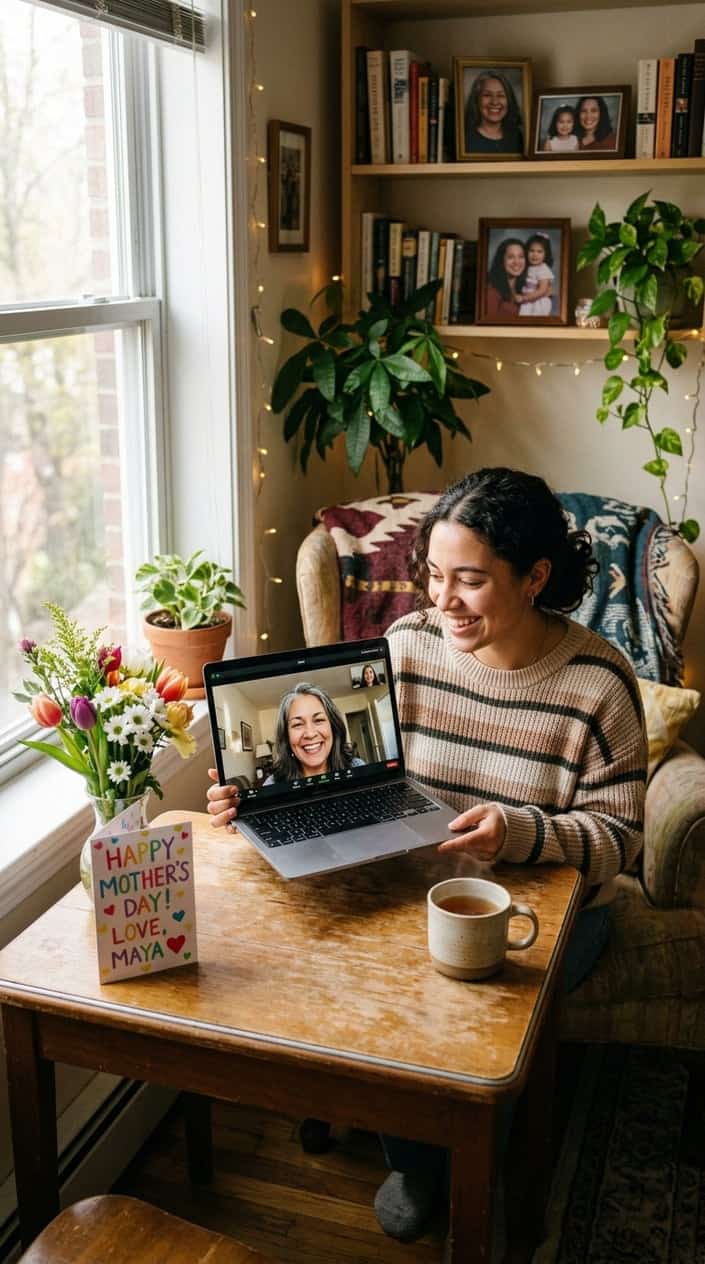 A young adult video calling their mother on a laptop from a cozy room, smiling warmly with small gifts and flowers on the table nearby.