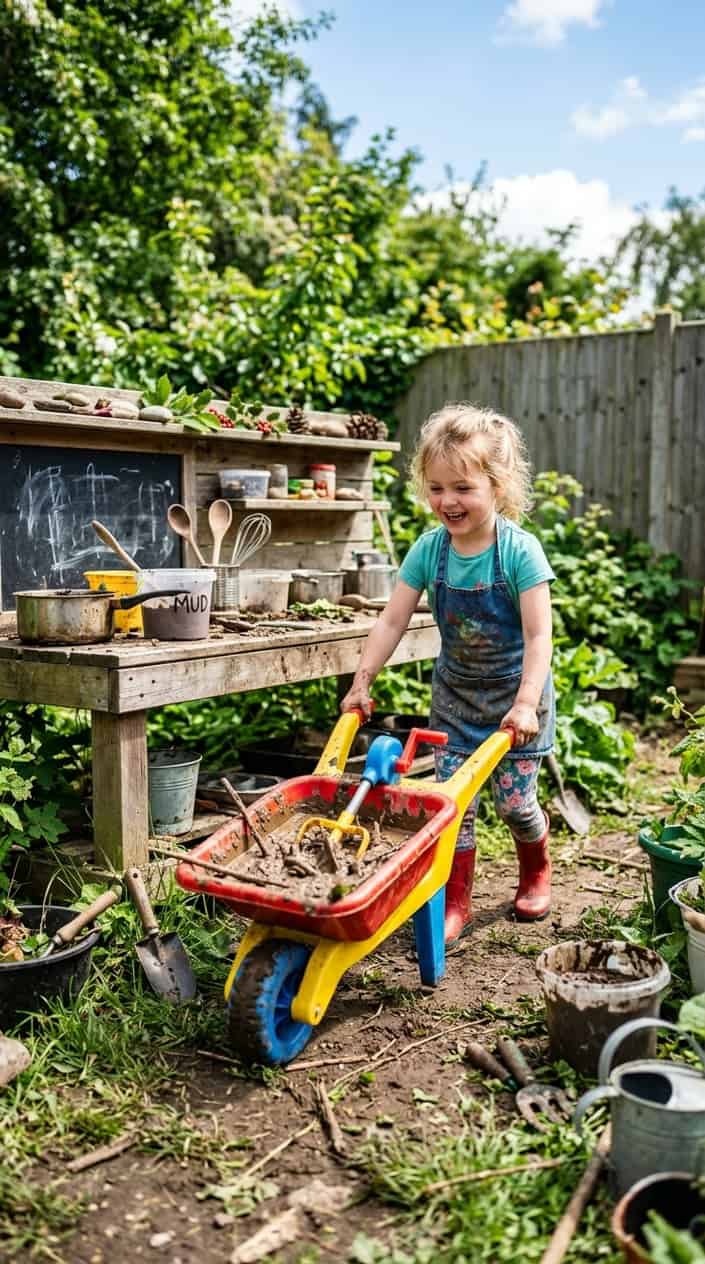 12 Mud Kitchen Setups for Kids (Using Mostly Stuff You Already Have Outside) 12 A child pushing a colorful wheelbarrow filled with mud in a backyard mud kitchen setup surrounded by outdoor play items.