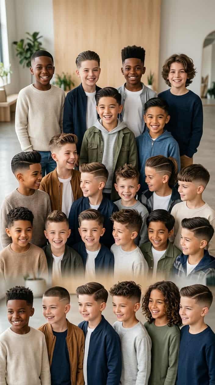 A group of young boys with different trendy hairstyles smiling and interacting indoors.