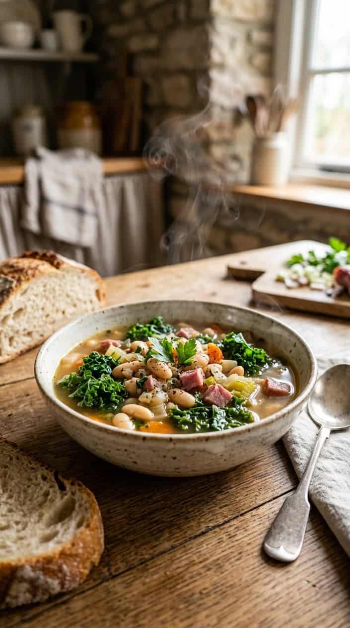 A bowl of white bean and kale ham soup with chunks of ham and leafy kale on a wooden table with a spoon and bread nearby.