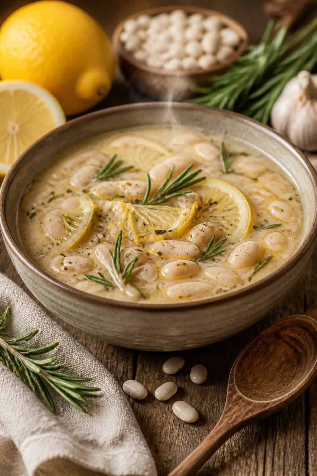 A bowl of white bean, rosemary, and lemon soup on a wooden table with fresh lemons and rosemary nearby.