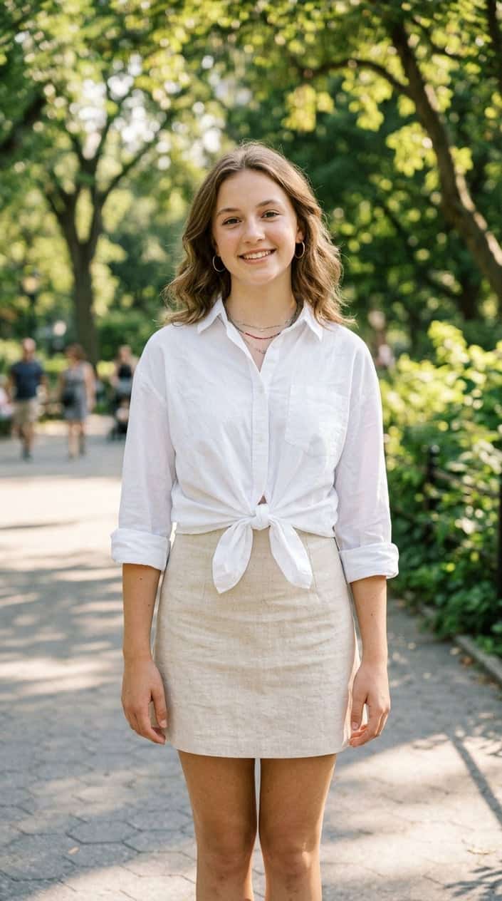 Teenage girl standing outdoors wearing a tied white button-down shirt and A-line mini skirt on a sunny day.