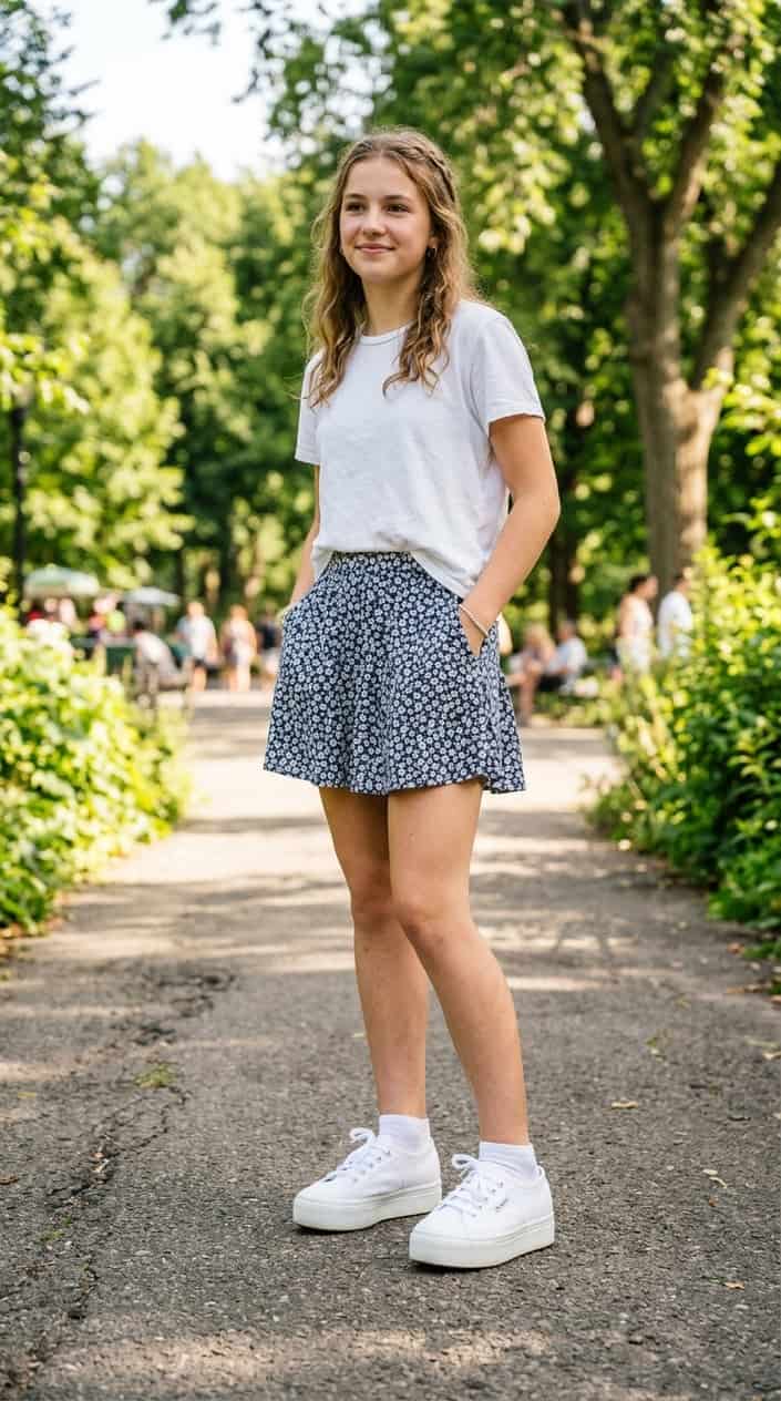 22 Teen Girl Summer Outfits for the Year She Suddenly Cares What She Wears 11 Teenage girl wearing white platform sneakers standing outdoors on a sunny day.