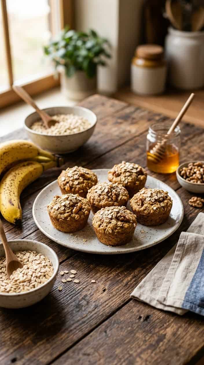 A plate of whole-grain banana oat muffins on a wooden table surrounded by bananas, oats, and honey.