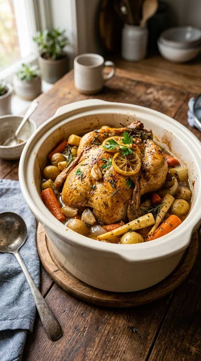 A whole lemon garlic chicken cooked with root vegetables in a slow cooker on a wooden table.