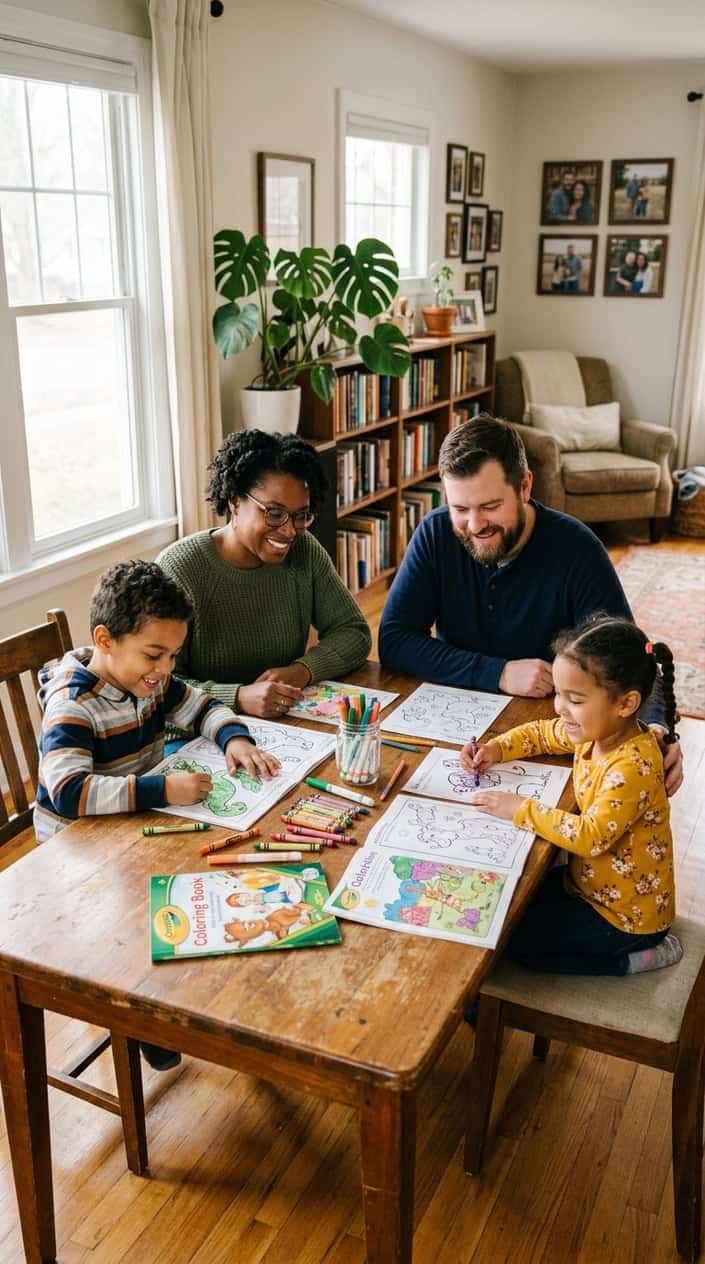 A family of four sitting at a table coloring together, smiling and enjoying quality time in a bright living room.