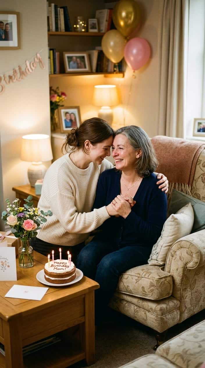 A mother and adult child share a warm, heartfelt moment during a birthday celebration at home.