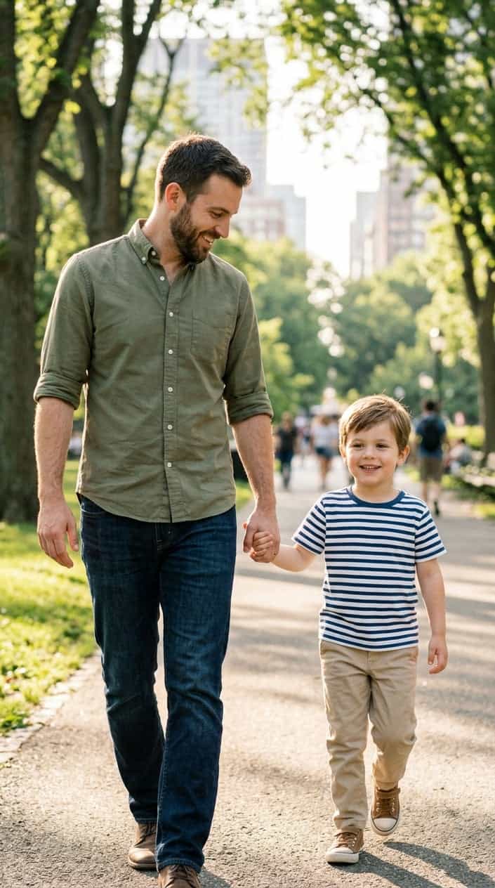 A father and his young son walking hand in hand outdoors, both wearing casual, simple clothes, smiling and enjoying a sunny day.