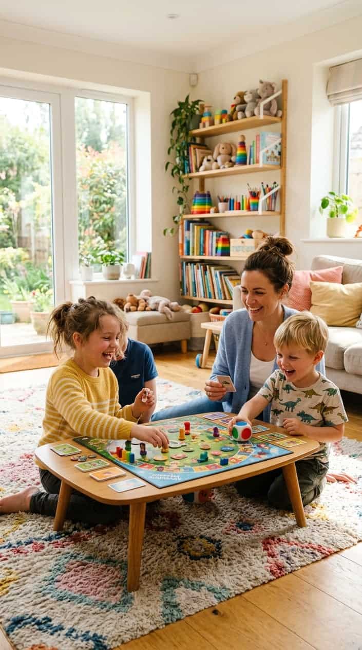 A parent and two children playing a board game together in a bright living room, smiling and enjoying their time.