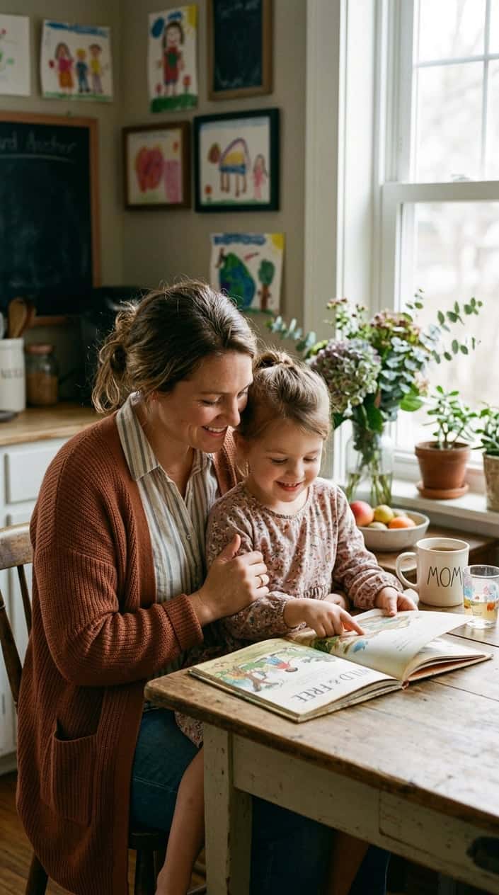 A mother and young daughter seated together at a flour-dusted kitchen table, both looking down at something they're making, a warm and unhurried domestic scene.