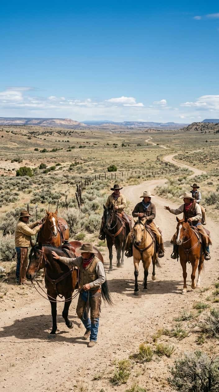 Cowboys dressed in traditional western clothing interacting with horses in an open prairie landscape under a clear sky.
