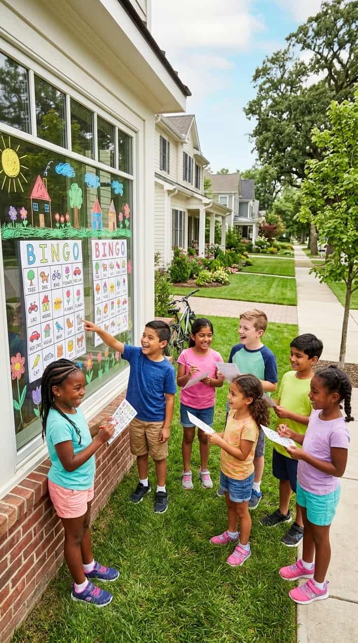 25 Kid Games for When 'I'm Bored' Has Been Said Three Times Before 10 AM 14 Children playing a bingo game with crayons on a window in a sunny neighborhood.
