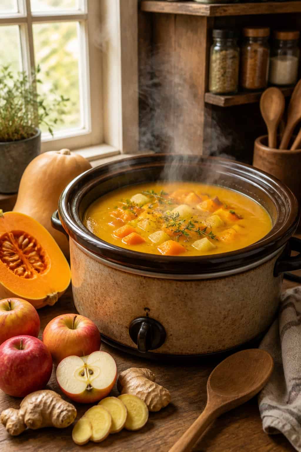 A crockpot filled with steaming winter squash, apple, and ginger soup on a wooden countertop surrounded by fresh squash, apples, and ginger slices.