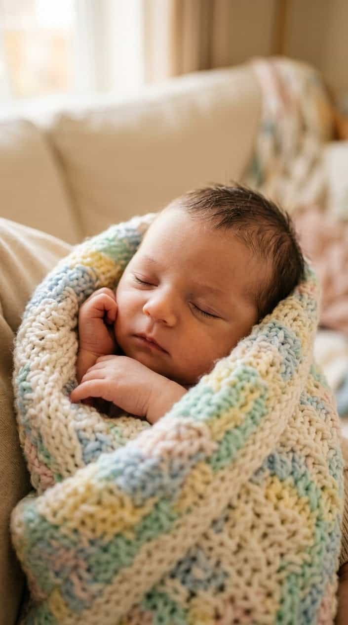 Close-up of a newborn baby peacefully sleeping wrapped in a soft knitted blanket.