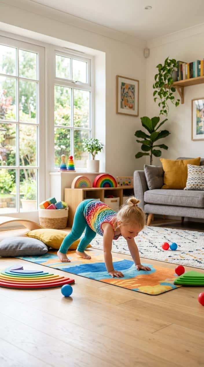 A toddler doing a yoga pose on a mat in a bright living room surrounded by play items for physical activity.