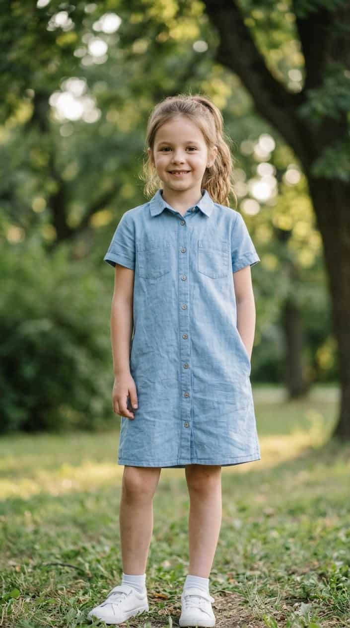 A young girl standing outdoors wearing a simple cotton shirt dress, smiling with a green park background.