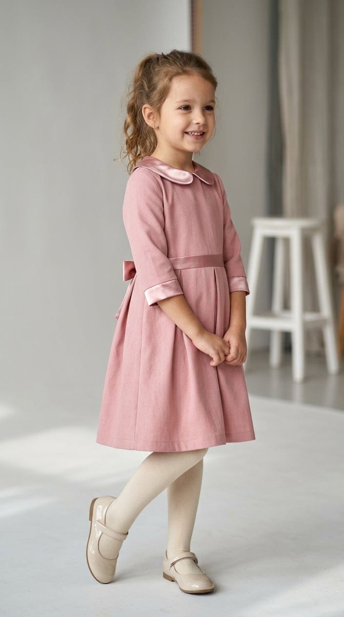 A young girl wearing a satin-trimmed party dress stands smiling against a plain background.