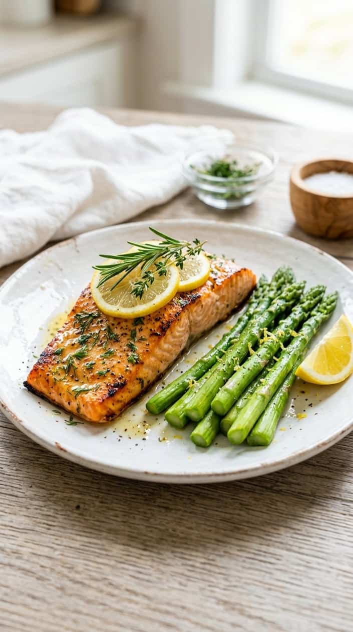 A baked salmon fillet garnished with lemon slices and fresh herbs served with steamed asparagus on a white plate.