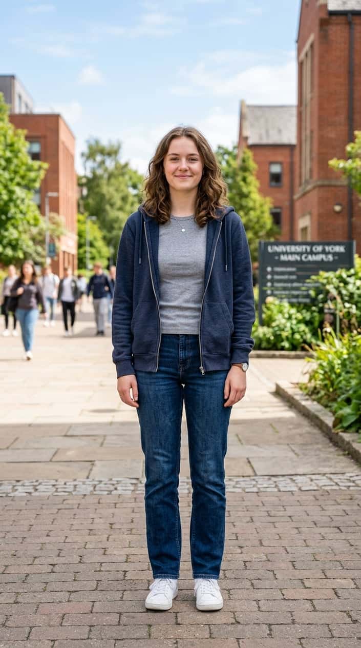 A young person on a school campus wearing a fitted gray cotton-fleece zip-up hoodie over dark straight-leg jeans, smiling in relaxed morning light.