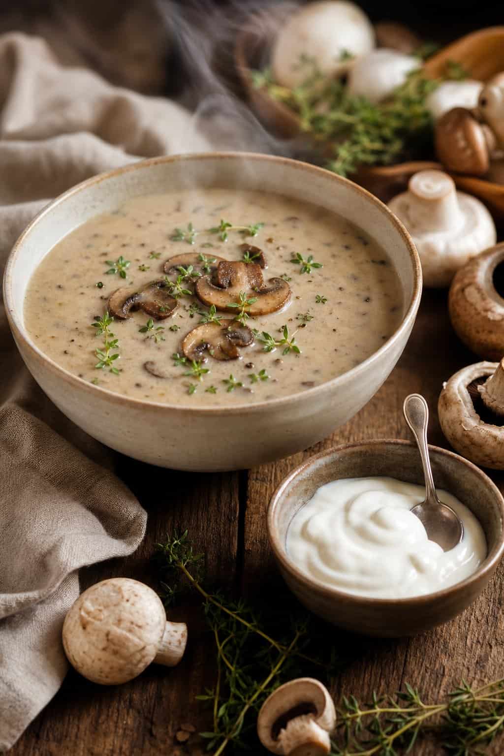 A bowl of creamy mushroom soup with fresh herbs on a wooden table, accompanied by a small dish of Greek yogurt and fresh mushrooms.