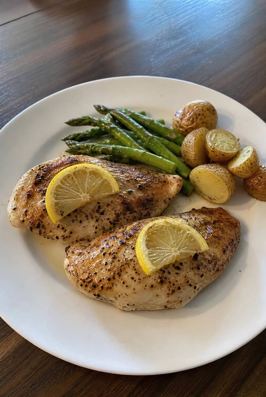 Two lemon pepper chicken breasts on a white plate with thin lemon slices and chopped flat-leaf parsley, photographed on a warm wooden table surface.