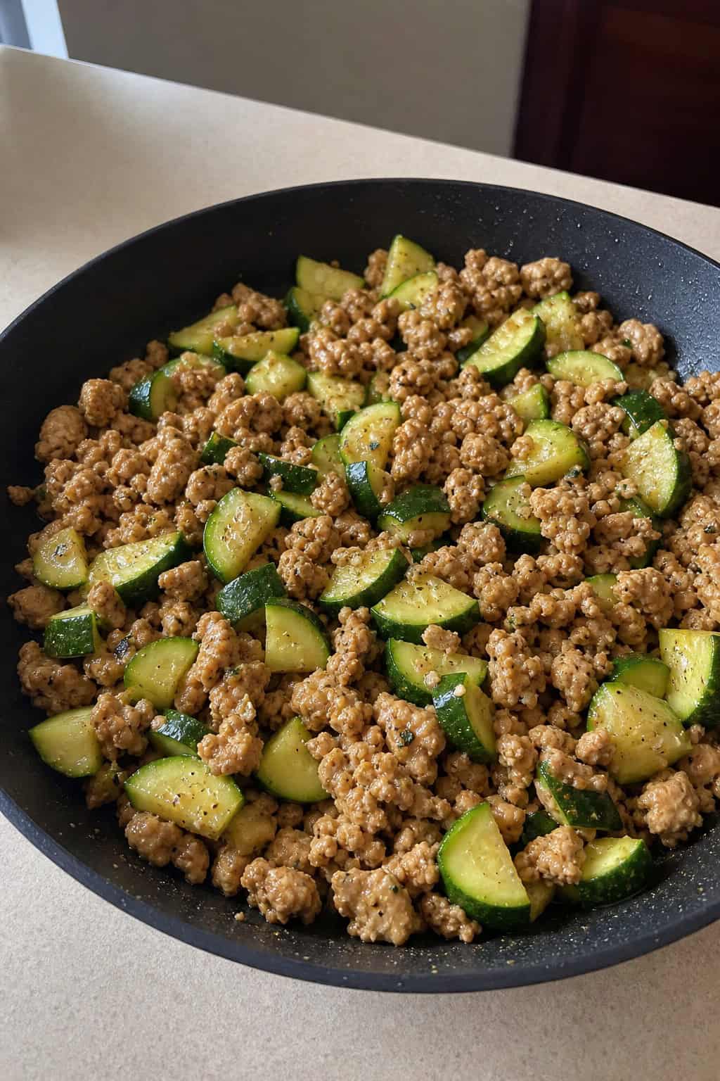 A skillet filled with cooked minced chicken and zucchini garnished with fresh herbs on a wooden table with fresh ingredients nearby.