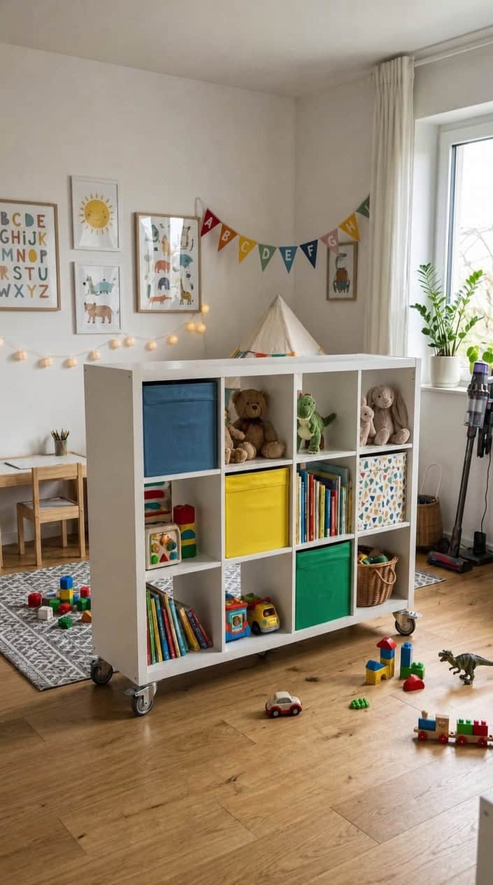A white IKEA Kallax shelving unit with caster wheels in a children's room filled with toys and colorful bins.