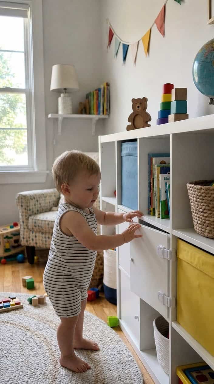 Small toddler hands reaching for child-proof magnetic catches on Kallax storage unit doors in a children's room.