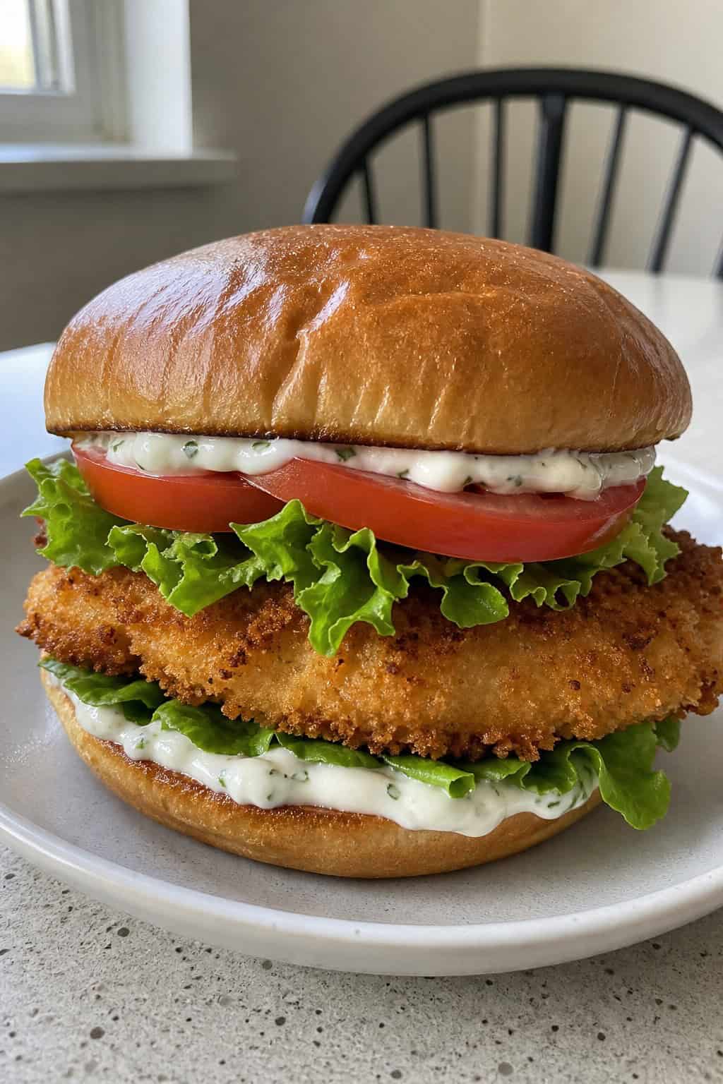 Close-up of a panko-crusted chicken cutlet with garlic mayo, green lettuce, and tomato on a toasted bun, set on a wooden board