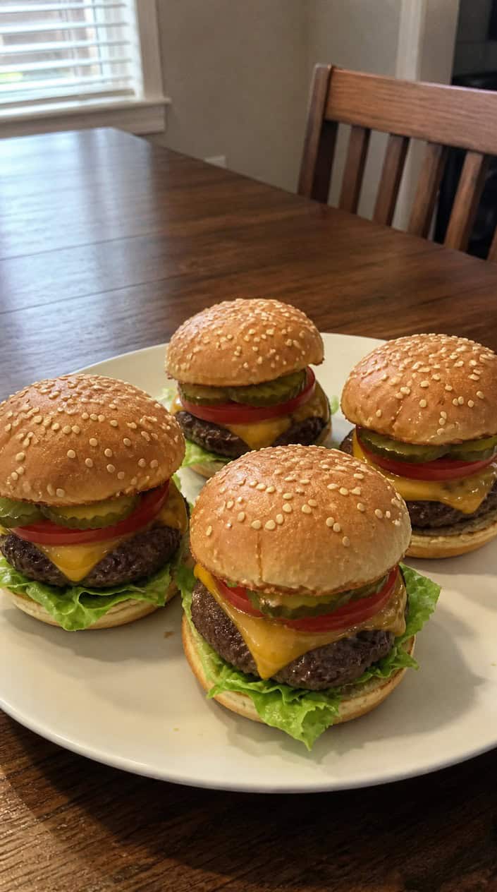Plate of cheeseburger sliders with cheese, lettuce, and tomato on a picnic table outdoors with American flags and summer decorations.