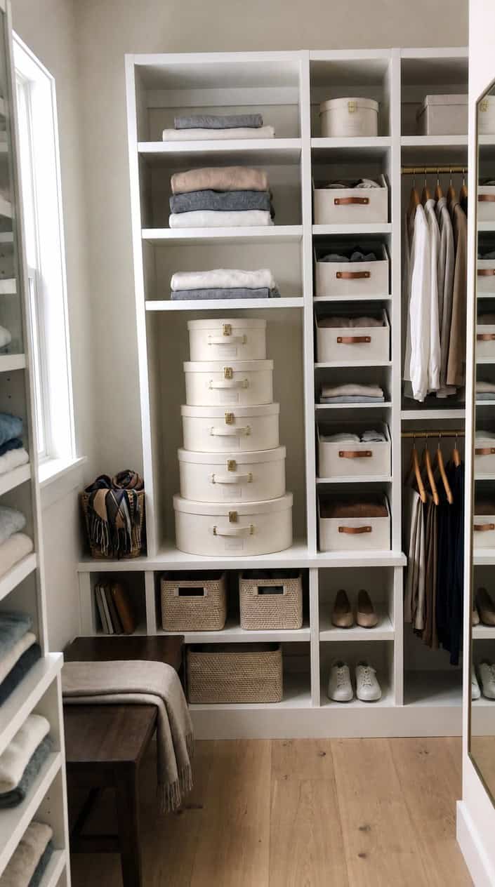 A neatly organized closet with stacked round hat boxes on shelves, folded clothes, and hanging garments.