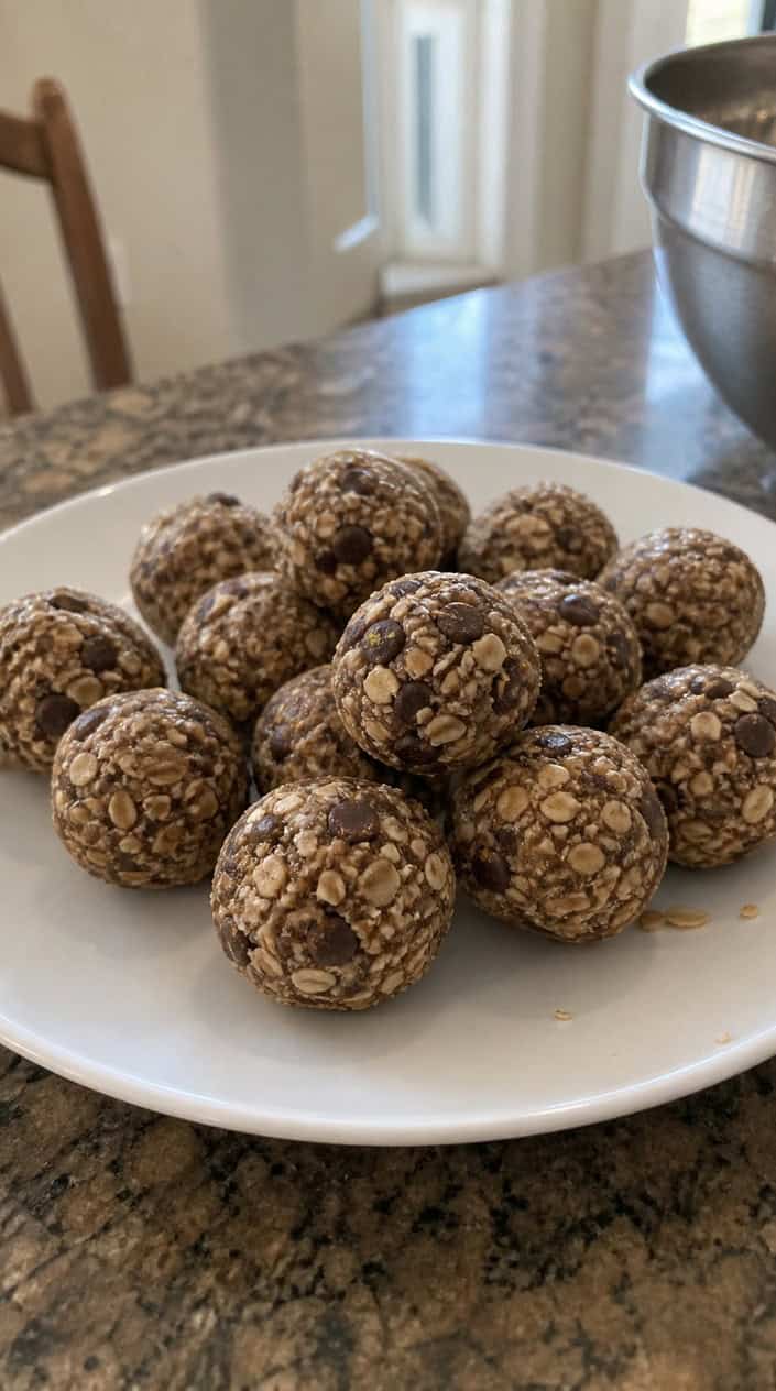Close-up of almond butter energy bites on a wooden board with almonds and almond butter in a sunlit backyard during golden hour.