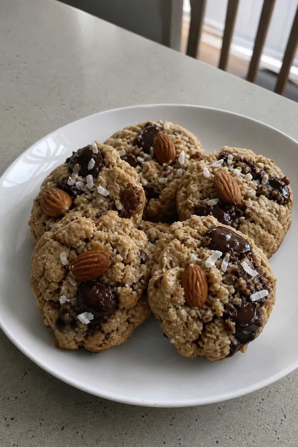 A close-up of freshly baked cookies with coconut, almonds, and chocolate on a wooden board in a kitchen setting.