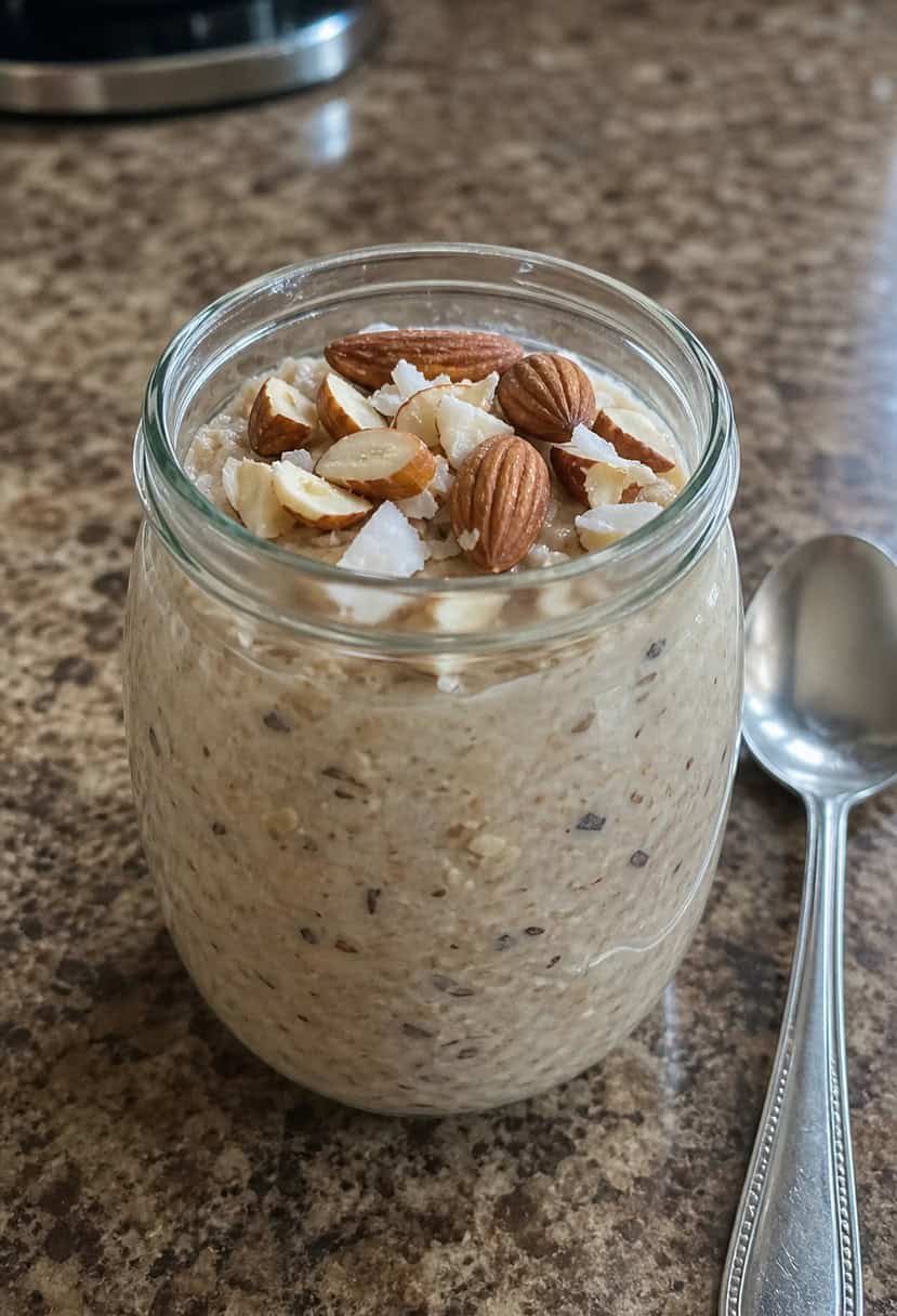 A glass jar filled with almond joy overnight oats, surrounded by scattered almonds and coconut flakes on a wooden table
