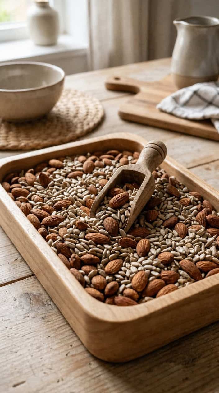 A sensory bin filled with almonds and shelled sunflower seeds with a wooden scoop inside, set on a wooden table in a kitchen.