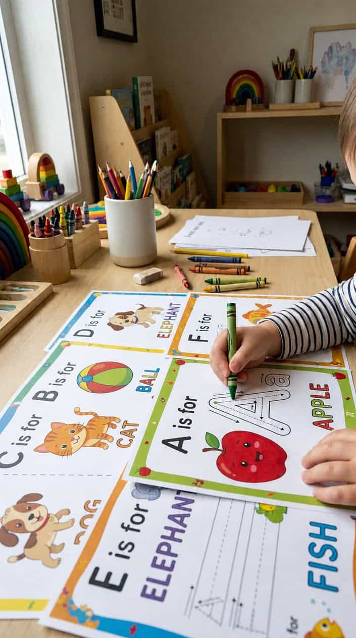 A child tracing letters on colorful alphabet coloring pages with fun objects on a well-lit workspace.