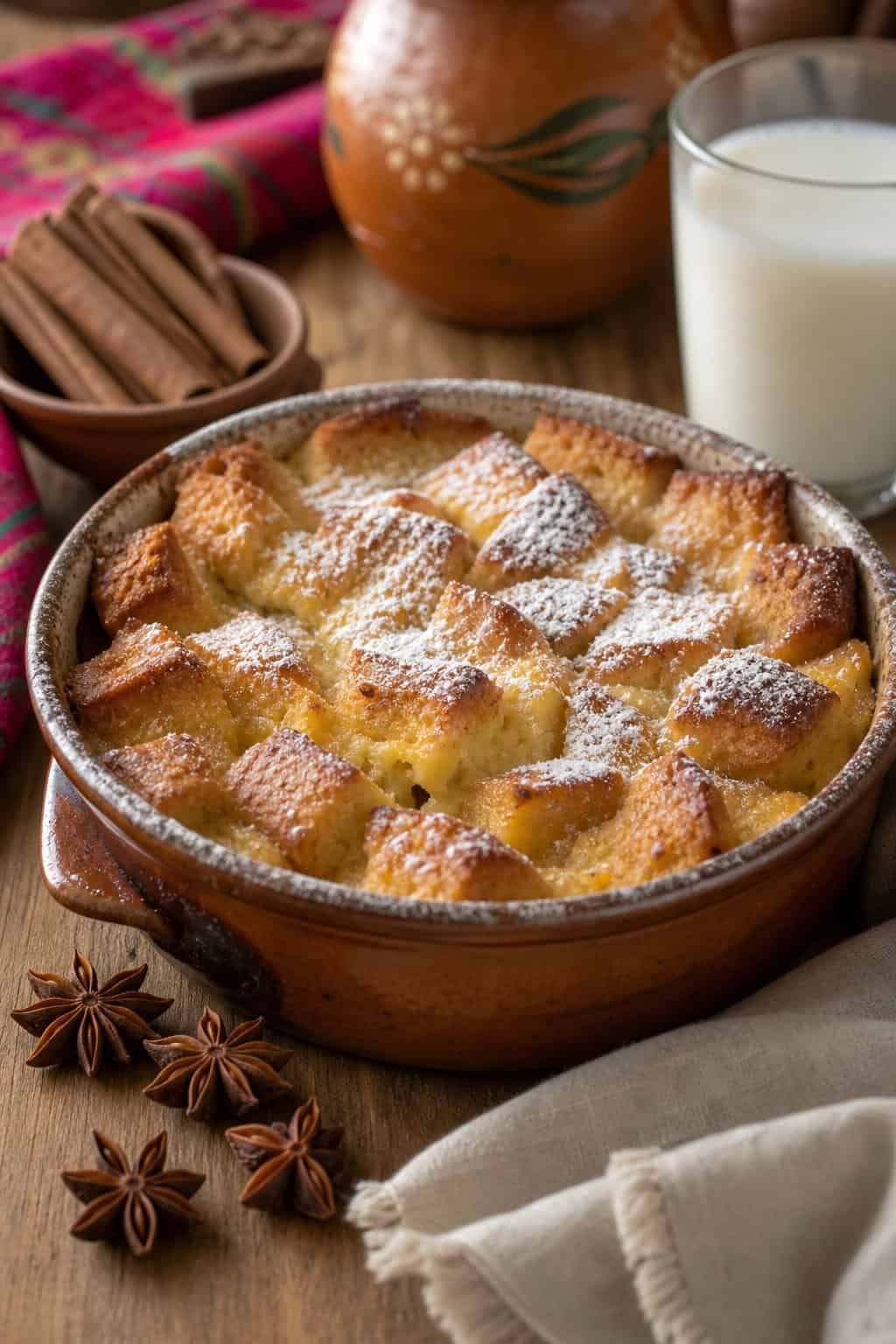 A dish of golden brown anise-scented bread pudding on a wooden table with star anise pods and cinnamon sticks nearby.