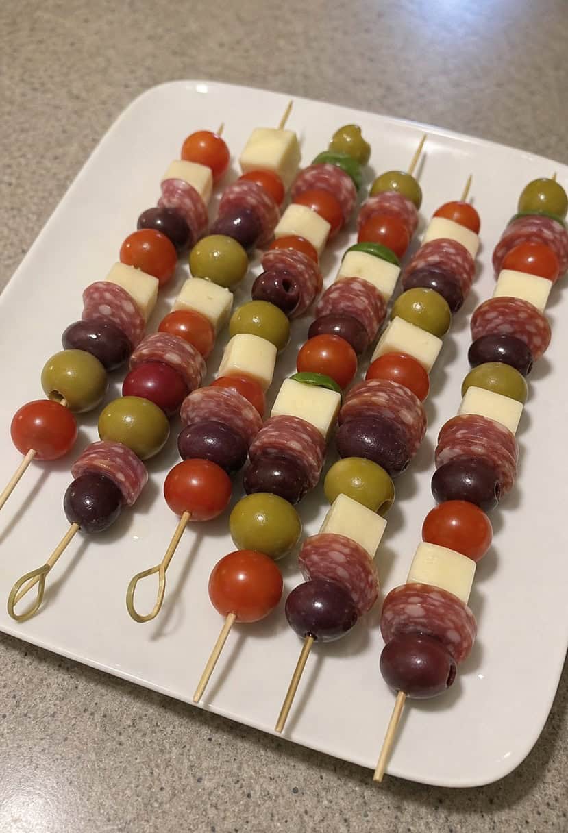 A platter of antipasto skewers arranged on a wooden board with colorful ingredients like olives, cheese, salami, and cherry tomatoes