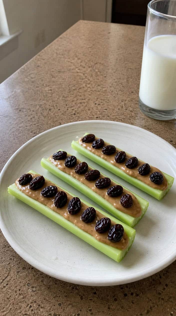 A plate with celery sticks spread with almond butter and topped with raisins.