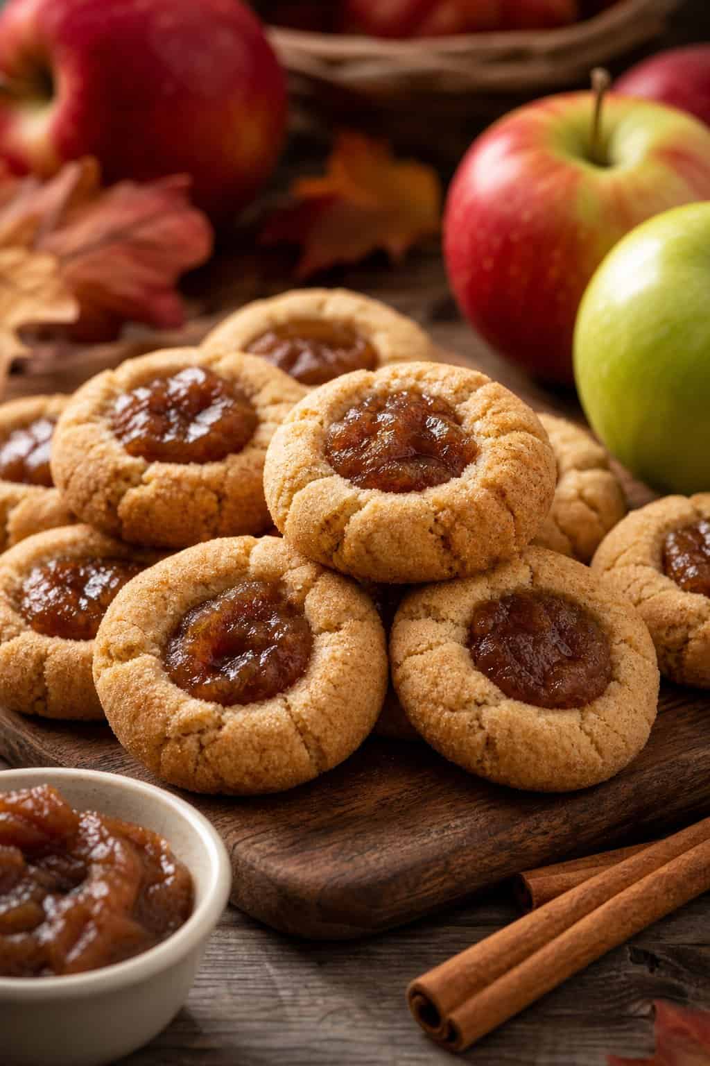 A wooden board with apple butter thumbprint cookies, apples, and cinnamon sticks arranged on a table.