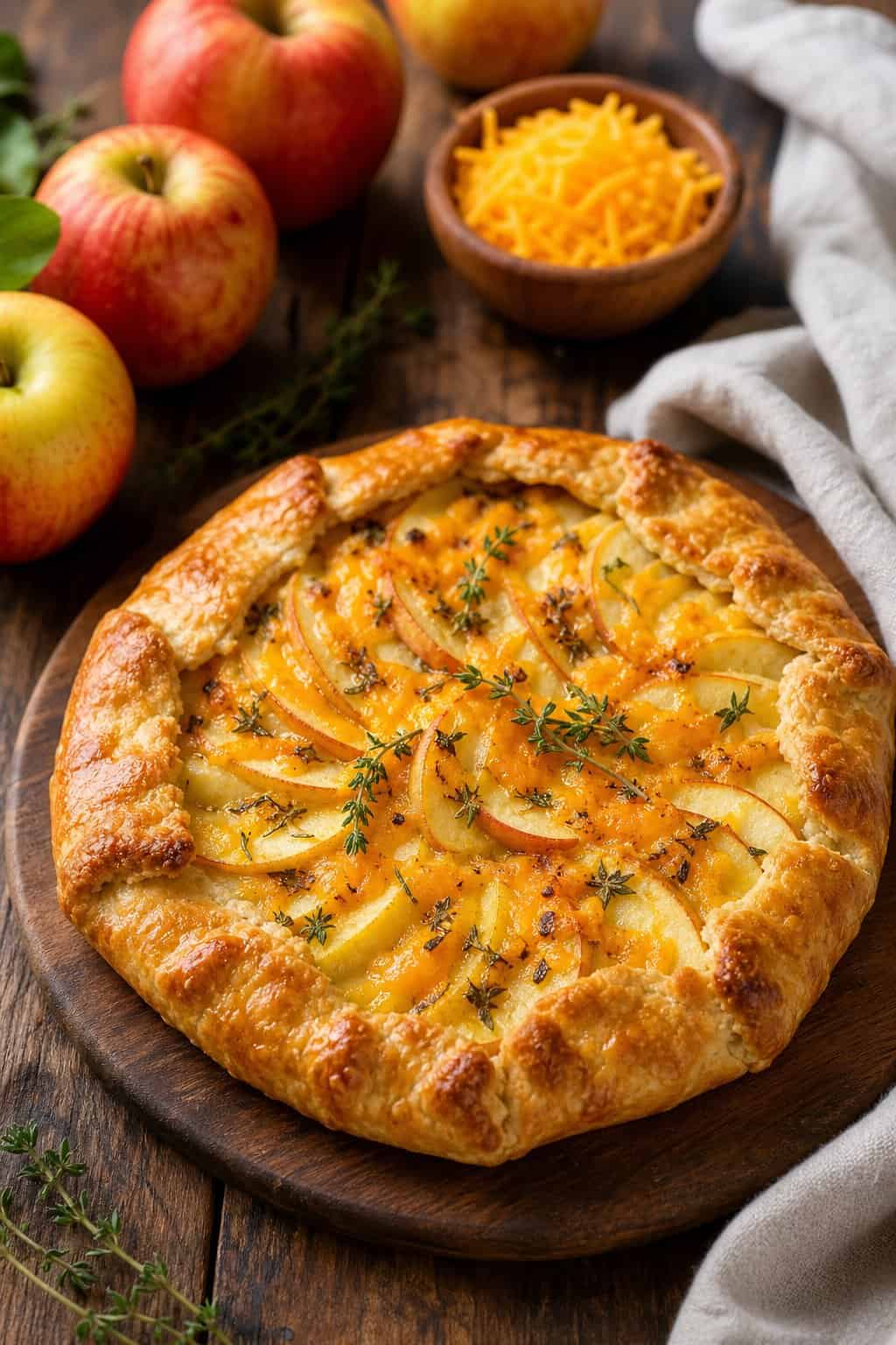 A freshly baked apple and cheddar savory galette on a wooden table with fresh apples and shredded cheese nearby.