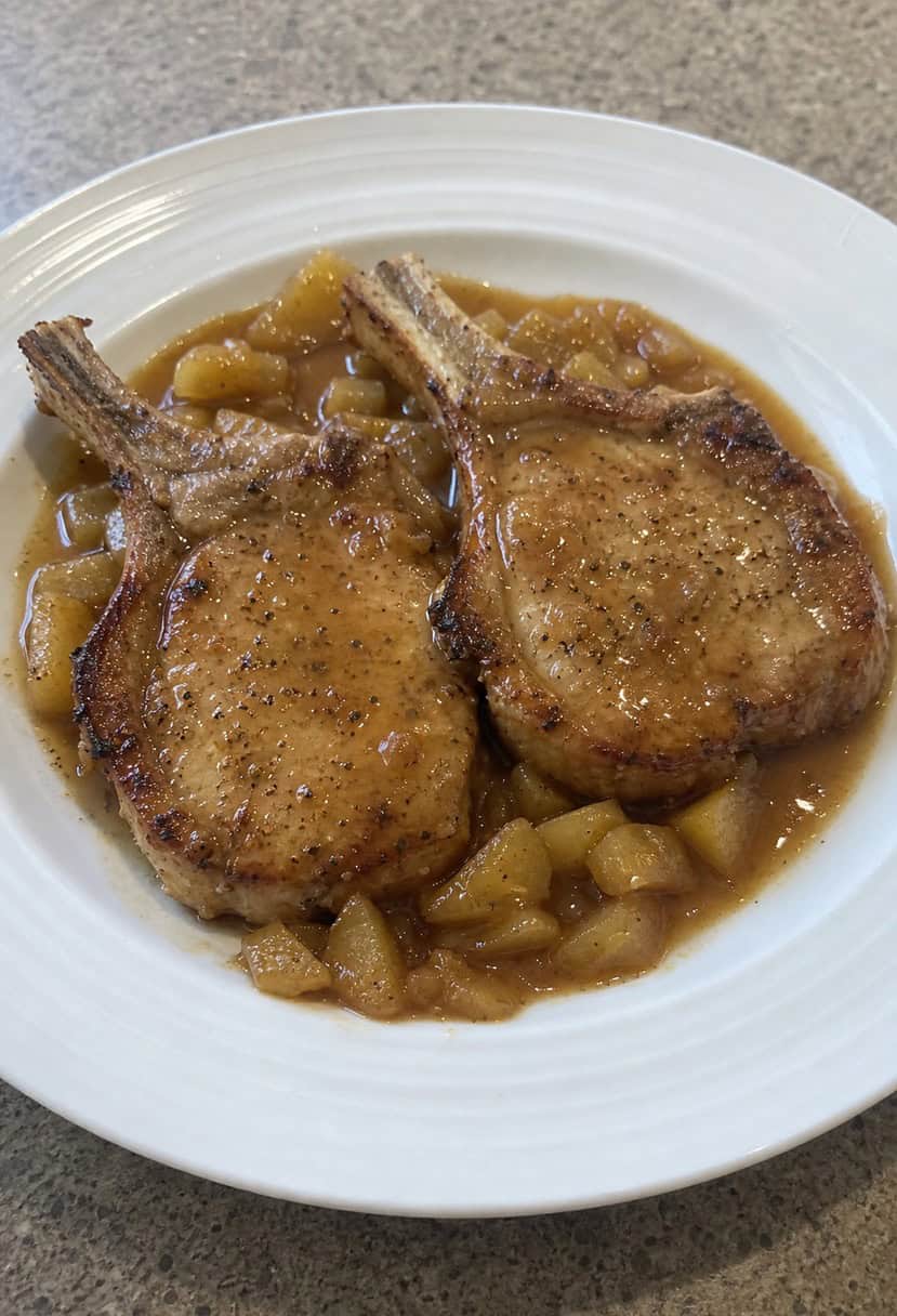 A sizzling pork chop in a skillet with a bubbling apple cider sauce