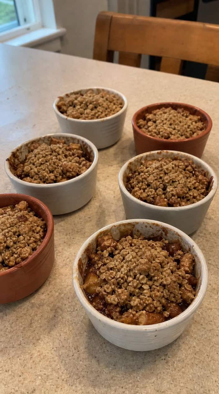 Four small terracotta-style pots filled with bubbling apple cinnamon crumble, the oat topping golden and slightly caramelized at the edges, with whole apples and cinnamon sticks arranged around them on a wood surface.