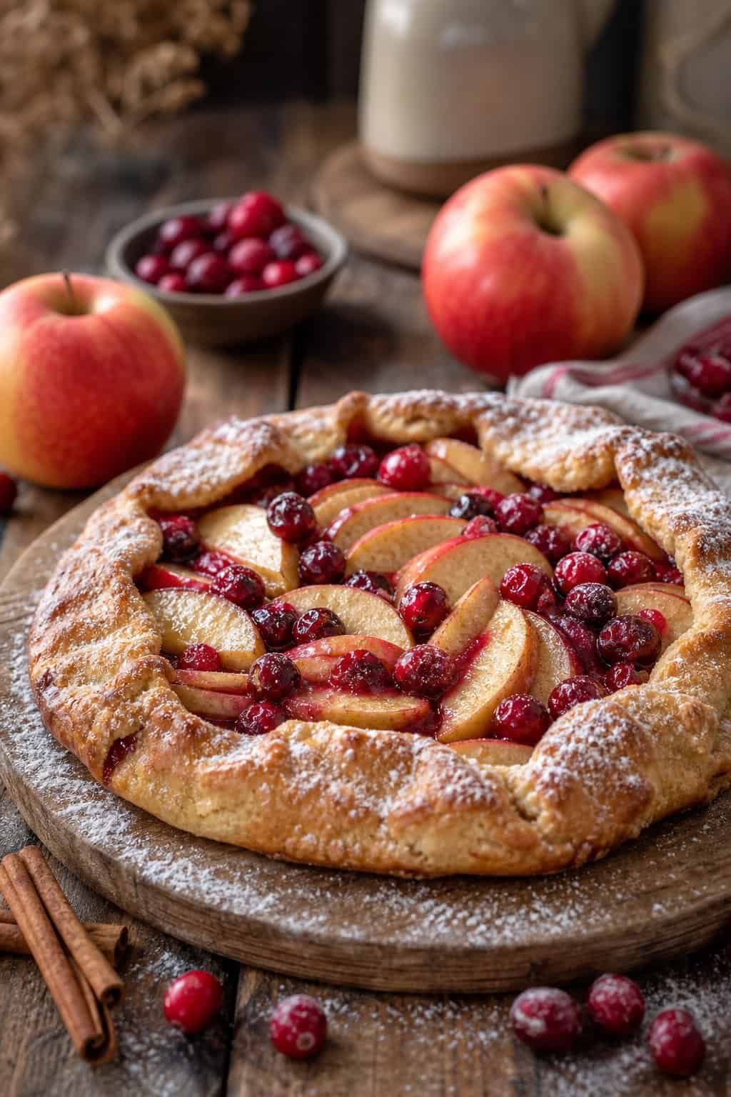 A freshly baked apple-cranberry crostata on a wooden table with apples, cranberries, and cinnamon sticks around it.