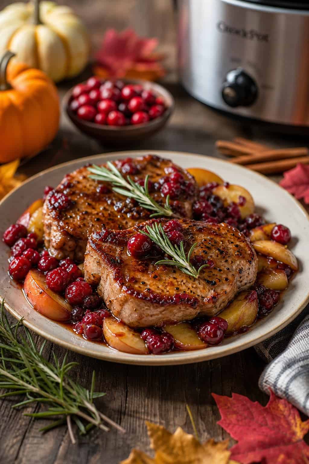 A plate of apple-cranberry pork chops garnished with rosemary, served with cooked cranberries and sliced apples on a wooden table with autumn decorations.