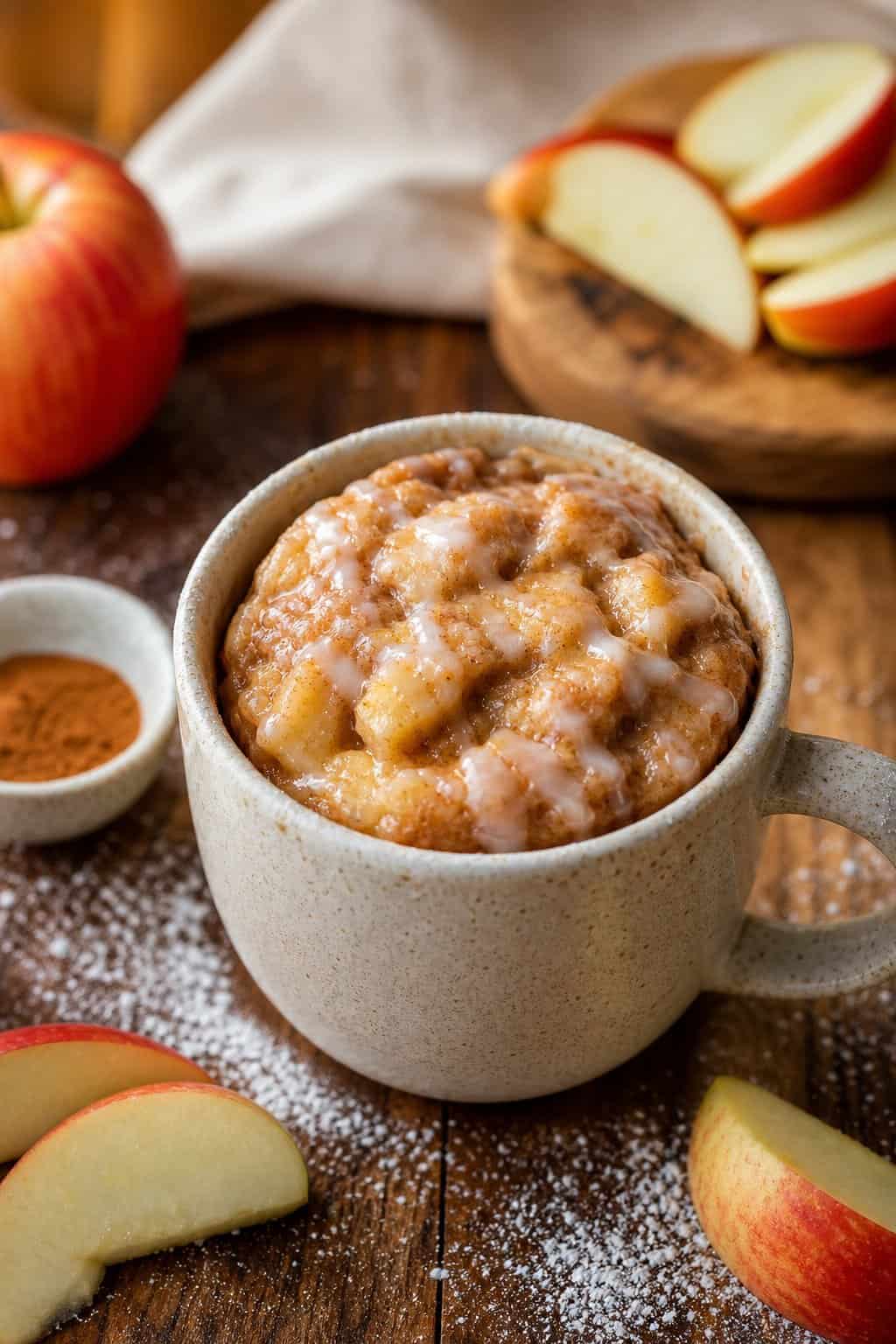 A golden brown apple fritter mug cake in a mug on a wooden table with apple slices and cinnamon nearby.