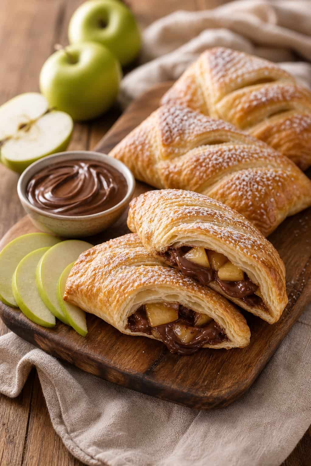 A wooden board with golden apple-Nutella turnovers, one cut open showing filling, surrounded by apple slices and a bowl of Nutella.